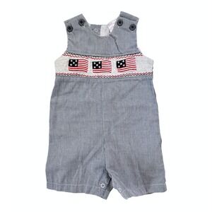 Shortall Romper Smocked American Flag 6M Blue White Seersucker Patriotic Cotton